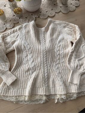 Anthropologie Cream Cable-Knit Lace-Hem Open Back Sweater - Size S